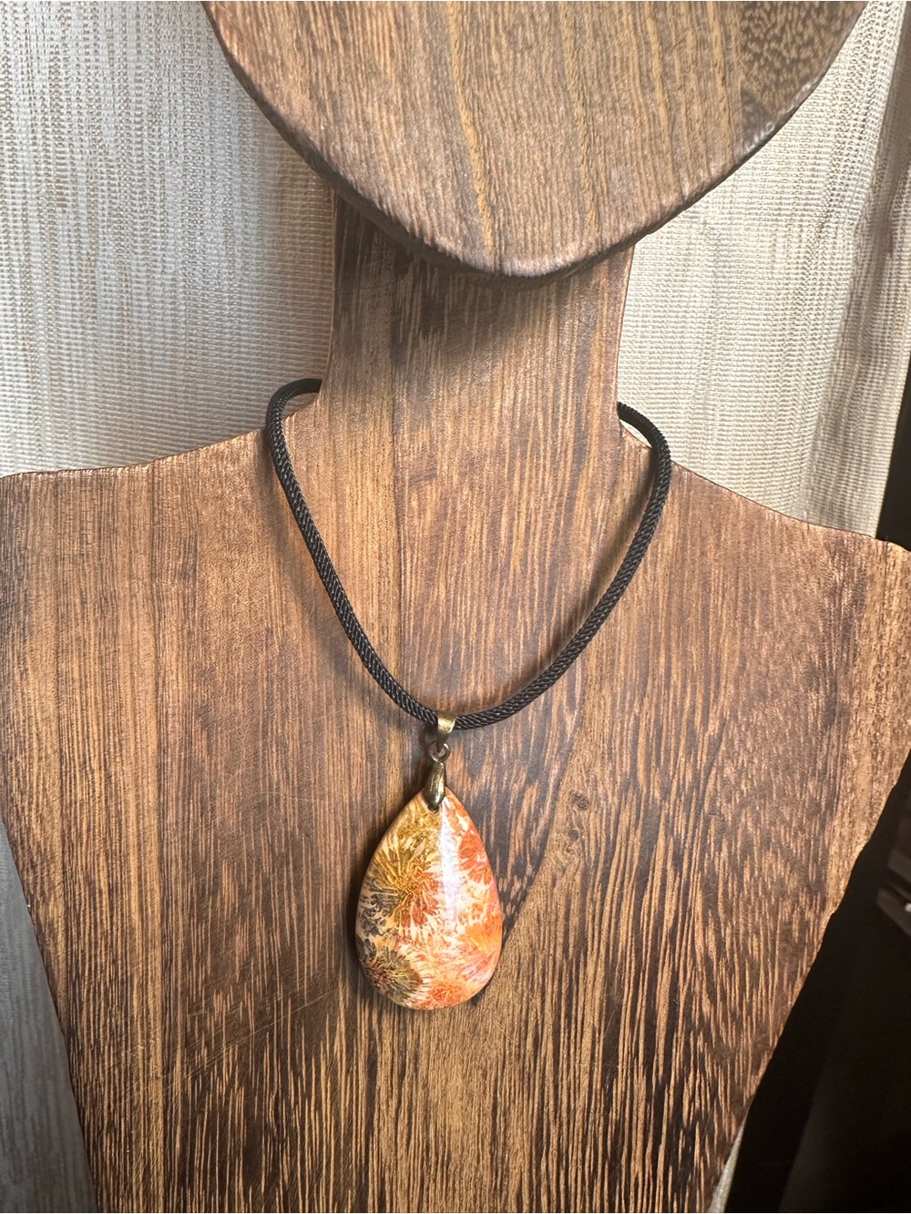 Orange and Black Coral Fossil Teardrop Pendant Necklace on Black Rope - Picture 10 of 16